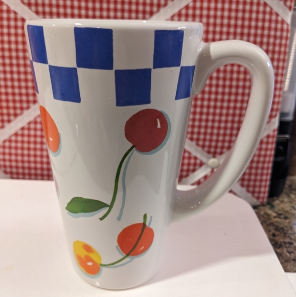 Picnic Pattern Vtg Cherries Tall Mug Blue White Checked Coffee Tea Cup Checked - Picture 1 of 4